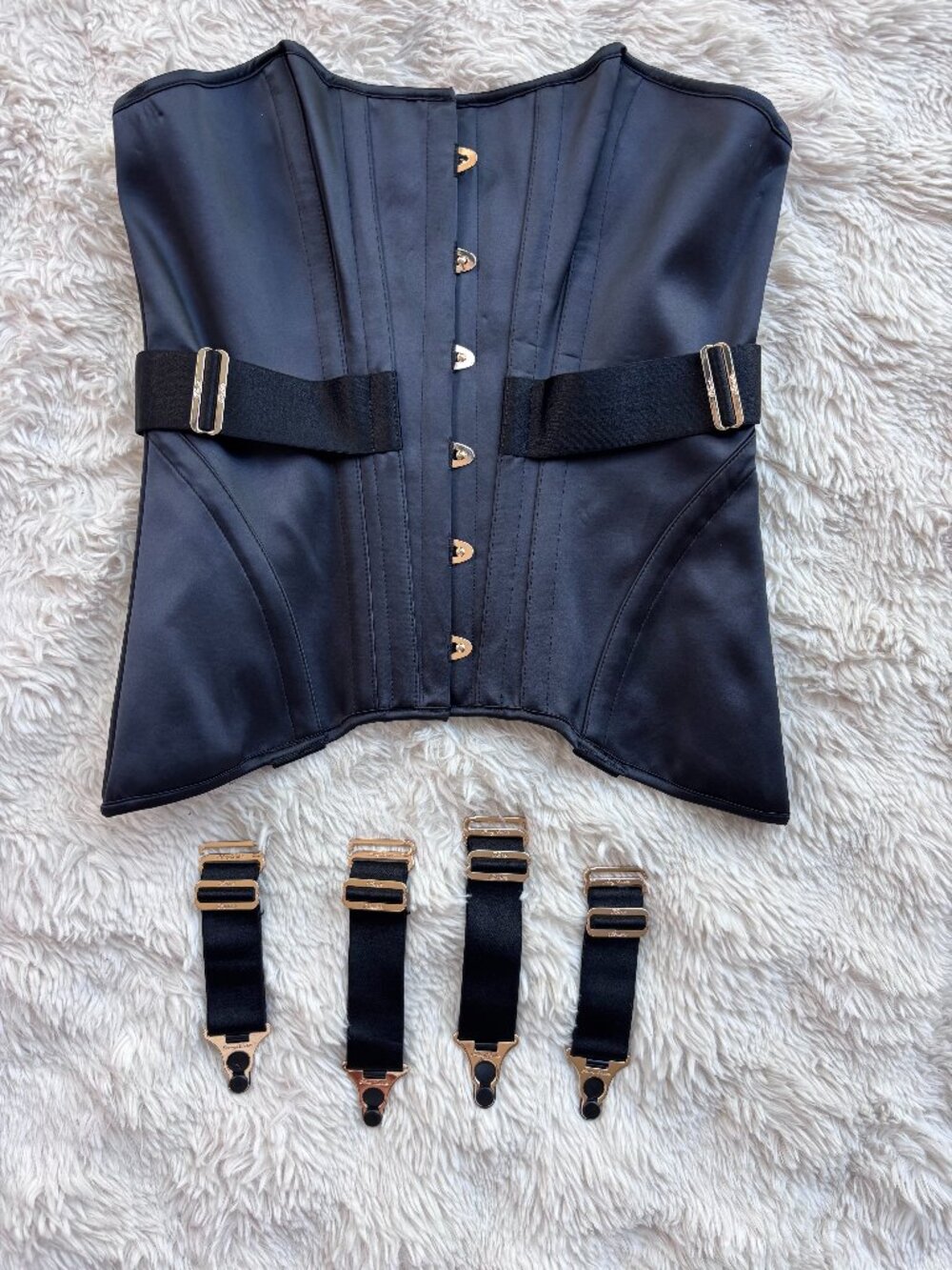 Honey Birdette Black Satin Corset Waist Cincher NWOT Size M with Dust Bag